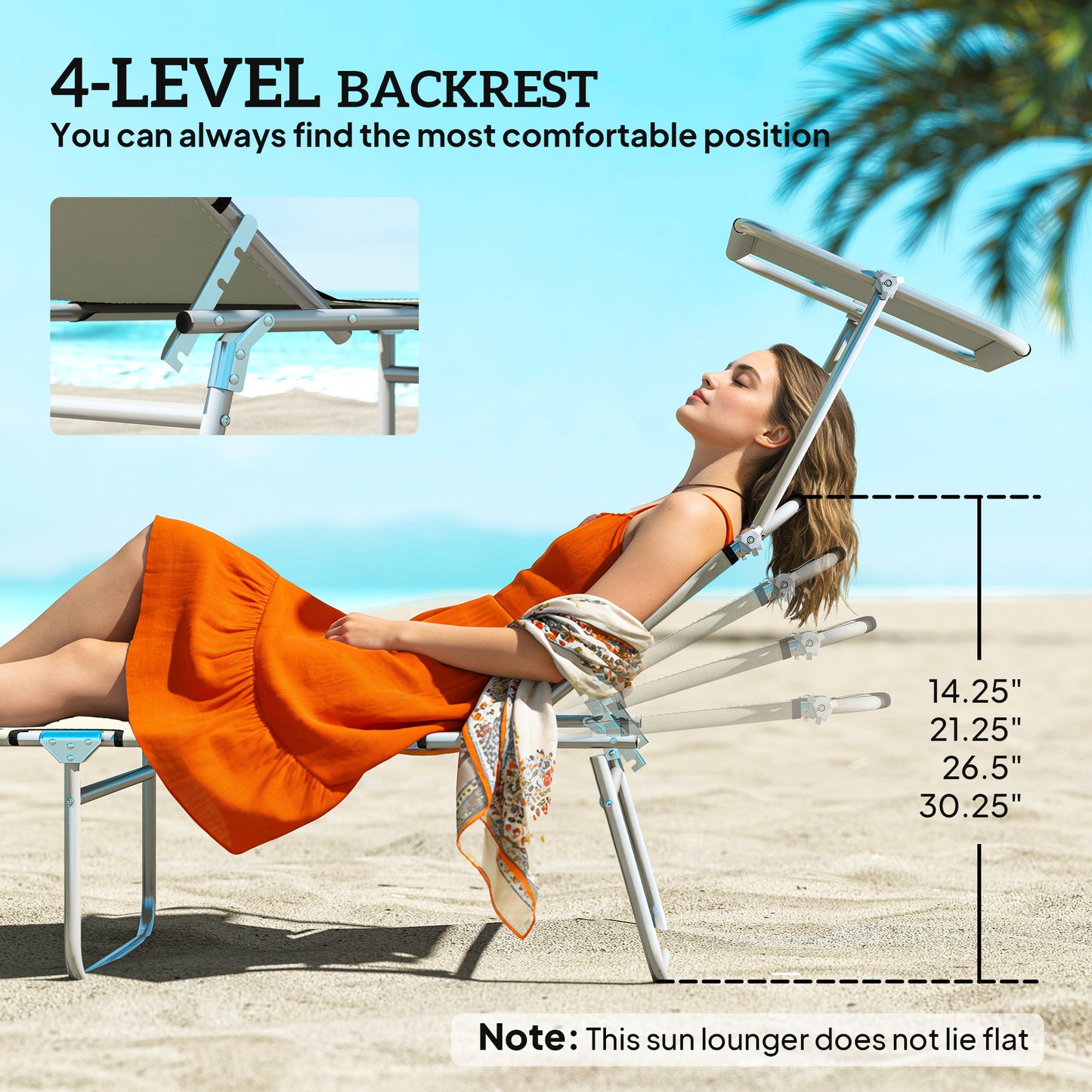 Outdoor Pool Chaise Lounge Chair, Folding Tanning Chair with Sun Shade, Cream White