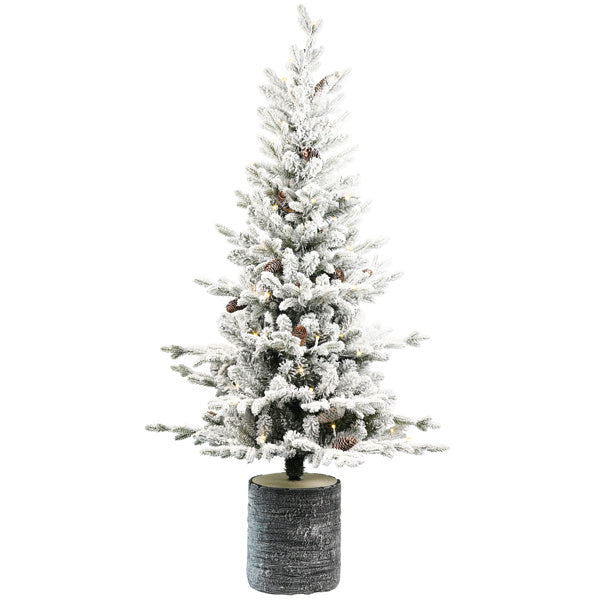 Artificial 6.5ft Decorated Flocking Basin Tree With 1386 PE PVC Mixed Branch Tips, Pine Cone X31, 350L Wram White Light, Holiday Decorating