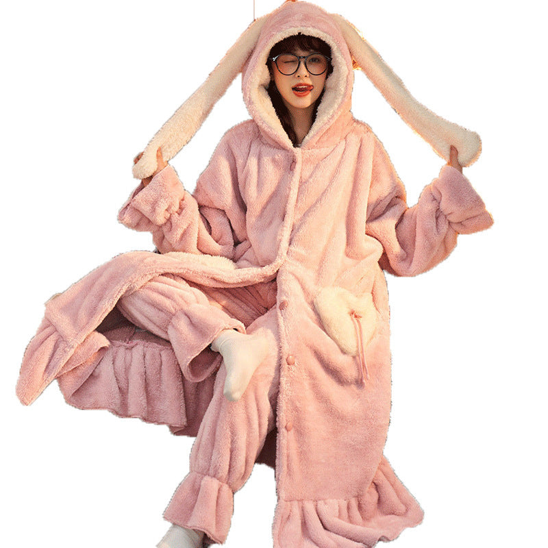 Nightgown Sweet Hooded Bathrobe Warm Set
