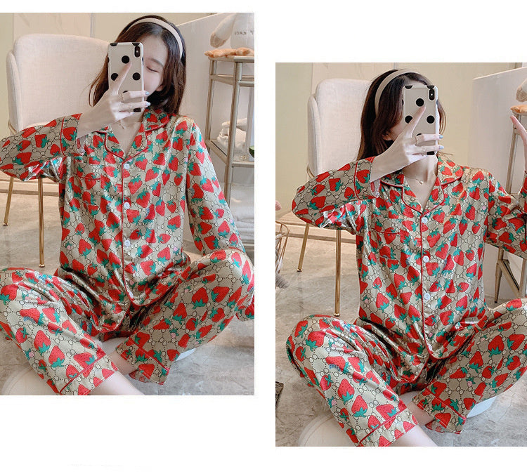 Women's Ice Silk Long Sleeve Trousers Two Piece Pajamas Set