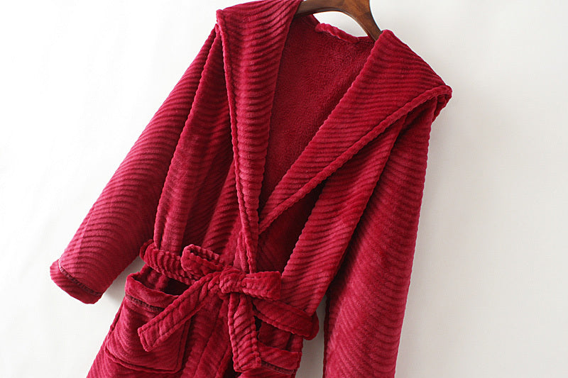 Solid Color Extended Hooded Flannel Bathrobe