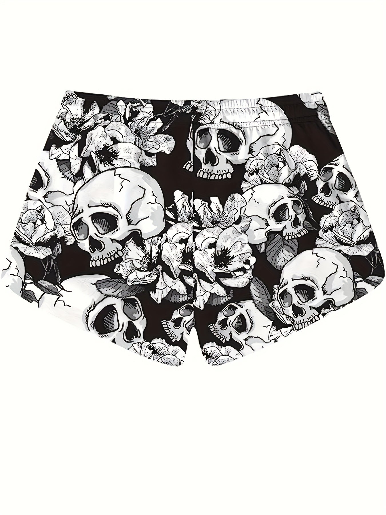 Women's Large-size Sports Shorts With Skull Print, Drawstring One-piece Sports Bottom, Beach Style