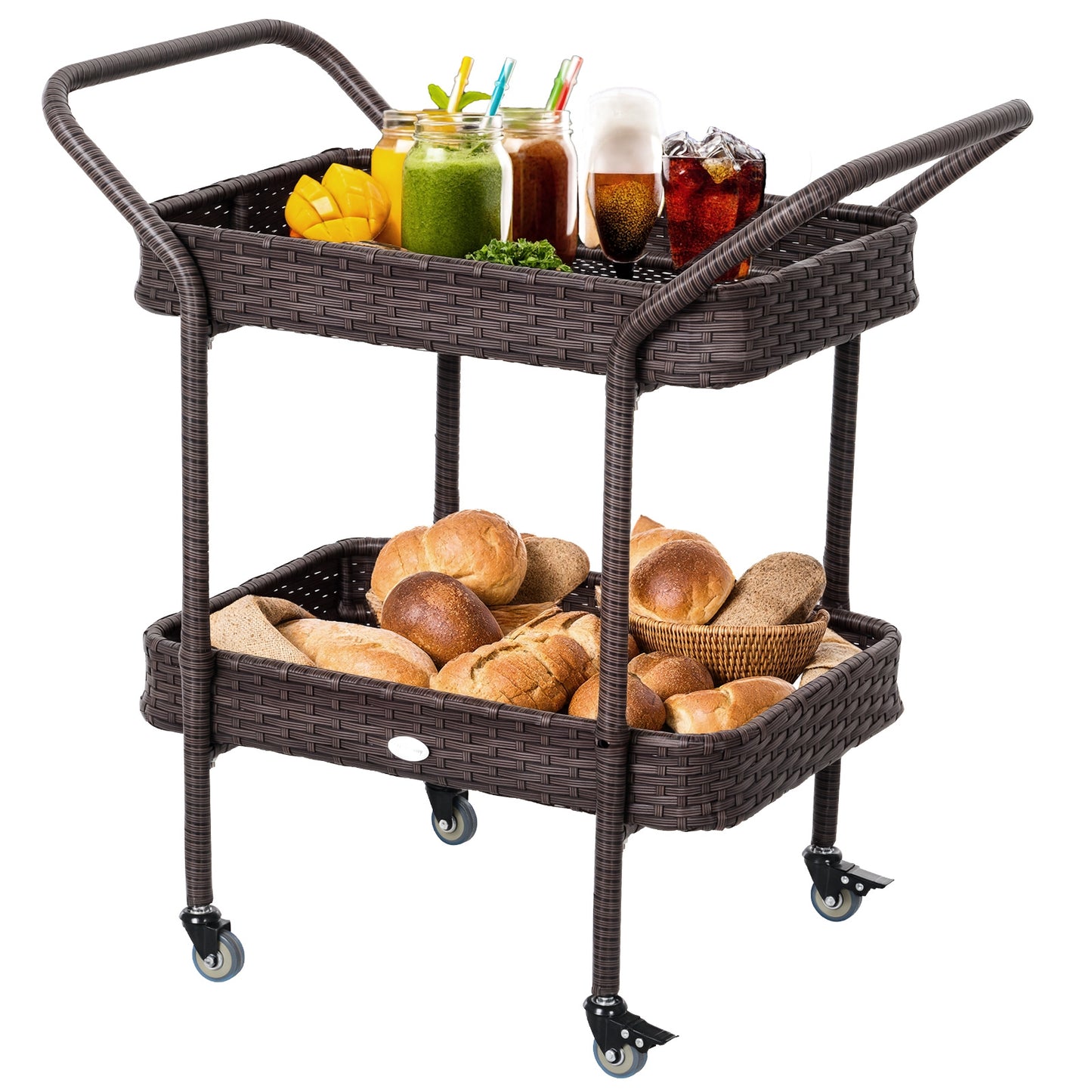 PE Rattan Outdoor Bar Table, Outdoor Kitchen Island with 2-Tier Shelf, Wheeled Patio Serving Cart with Brakes for Poolside, Garden, Brown