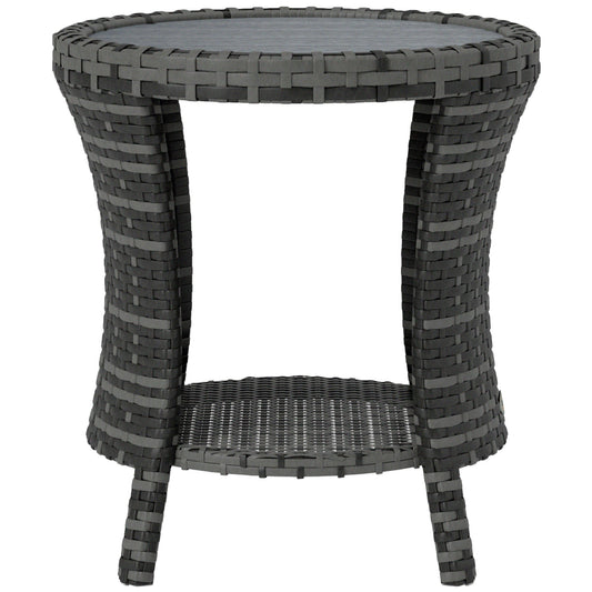 18 Wicker Outdoor Coffee Table, PE Rattan Patio Side Table With 2-Tier Storage, Composite Wood Top, Gray