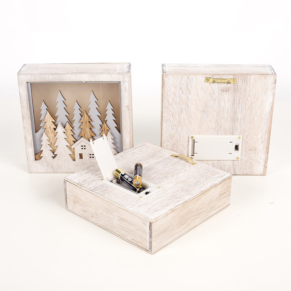 Christmas Decoration Ornaments Wooden Luminous Small Square Box