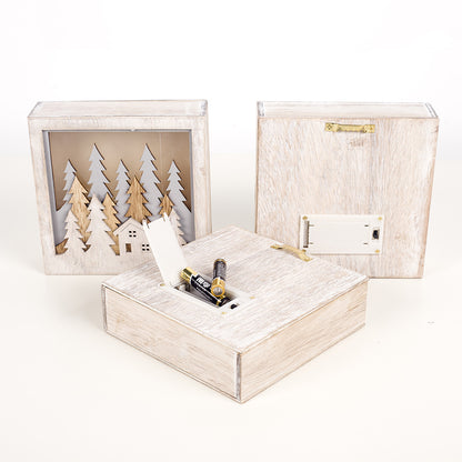 Christmas Decoration Ornaments Wooden Luminous Small Square Box