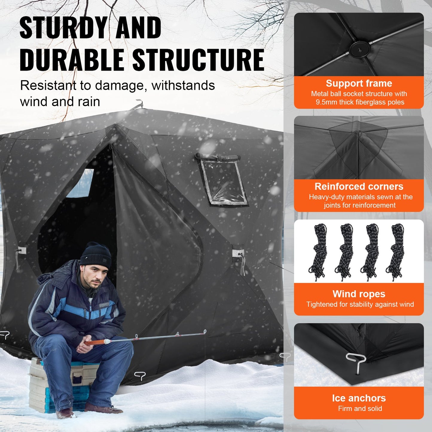 Portable Ice Shelter, 3-4 Person Pop-Up Ice Fishing Tent, 43 Square Feet Fishable Area, Ice Shanty For Winter Fishing, Waterproof Oxford Ice Cube With Anchors/Ropes/Carrying Bag, 90"x90", Black