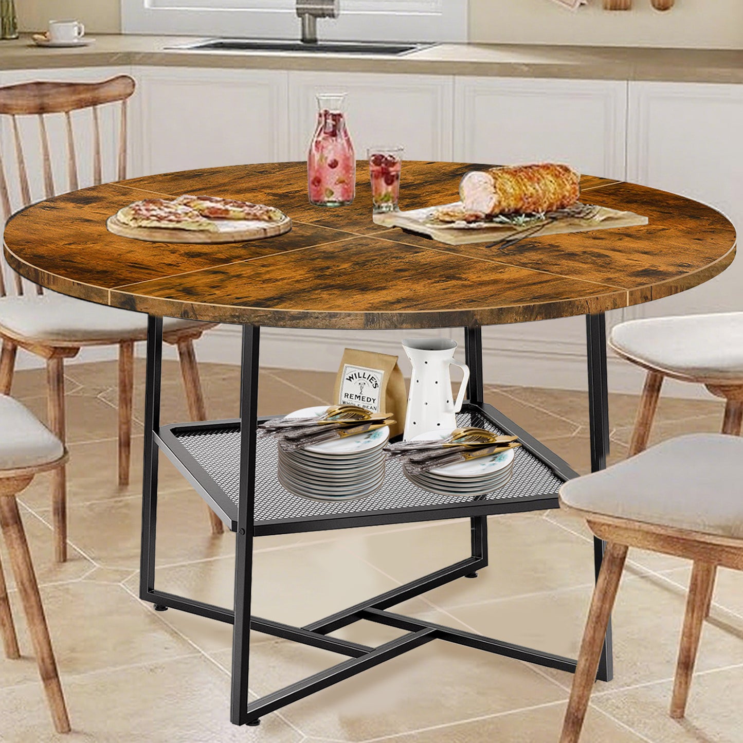51inch Round Dining Table For 4-6  Tiger Stripes Black Wooden Dining Room Table With Storage Shelf Space Saving Circle Dinner Table With Metal Legs For Kitchen Living Room Dining Restaurant Furniture