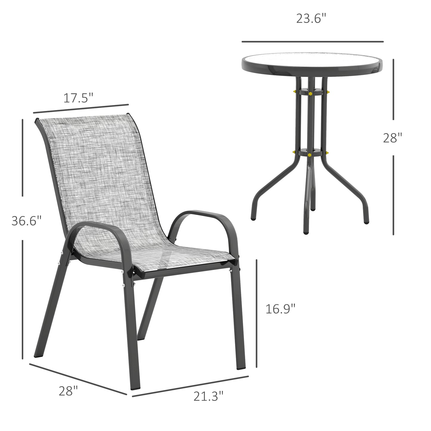 3 Pieces Bistro Set, Small Patio Furniture Set With Stackable Chairs And Glass Table For Backyard, Balcony, Gray