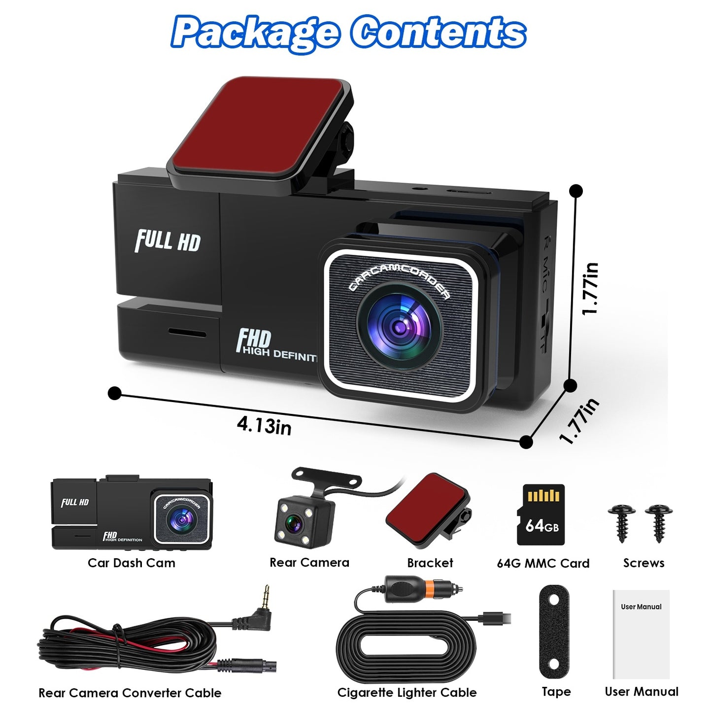 1Pc WiFi FHD 1080P Car Dash Cam 3 Channels Front Rear Inside Dash Camera With Loop Recording Reversing Image Night Vision 170 Degree Wide Angle Support 64G MMC Card Included