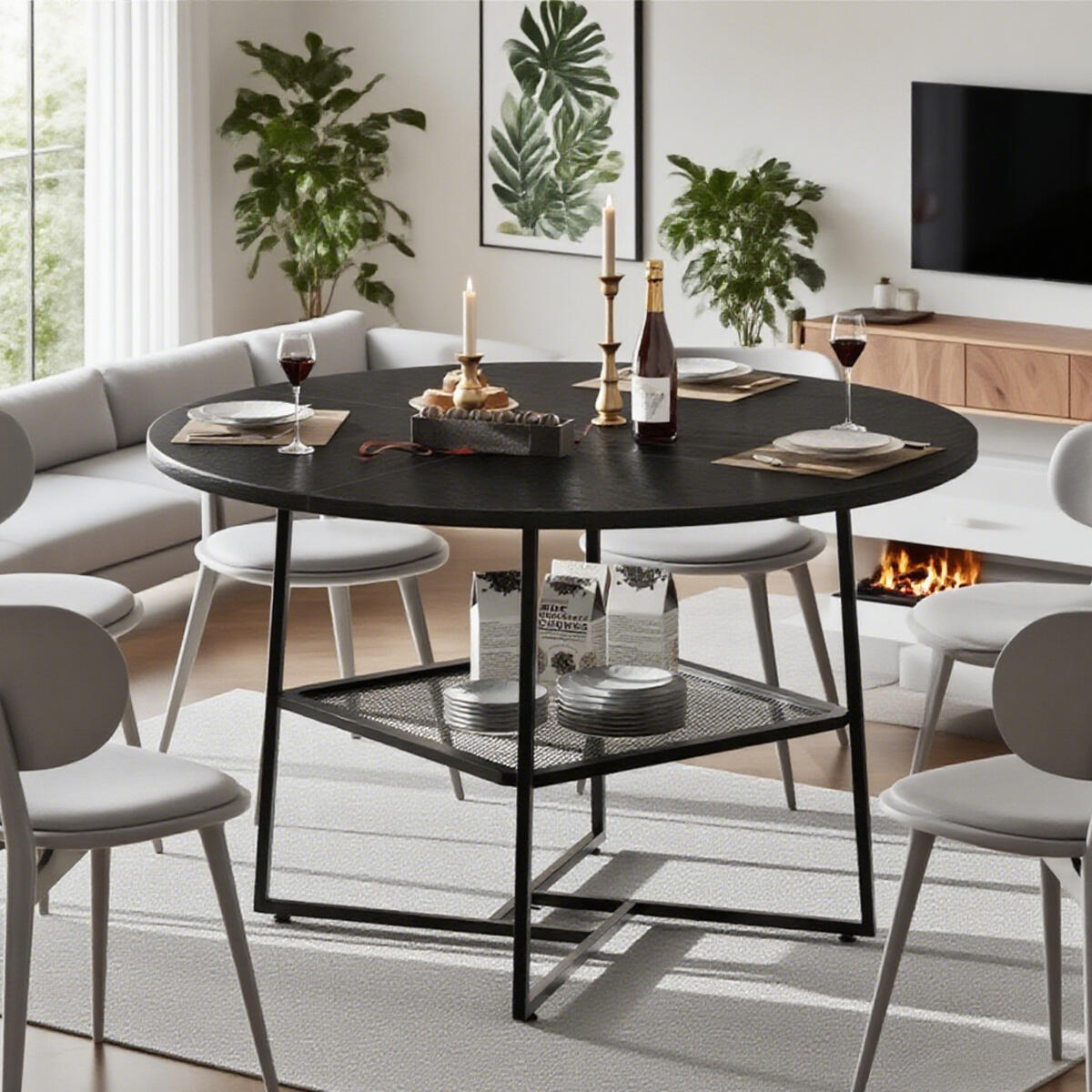 51inch Round Dining Table For 4-6  Tiger Stripes Black Wooden Dining Room Table With Storage Shelf Space Saving Circle Dinner Table With Metal Legs For Kitchen Living Room Dining Restaurant Furniture