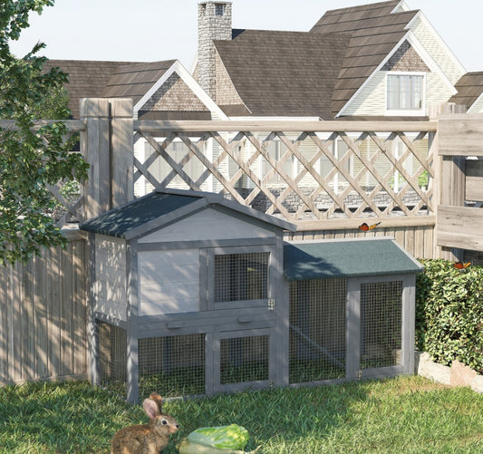 Outdoor Rabbit Hutch Wooden Bunny Cage Guinea Pig House With Run Area Removable Tray Asphalt Roof Lockable Doors Ramp Gray