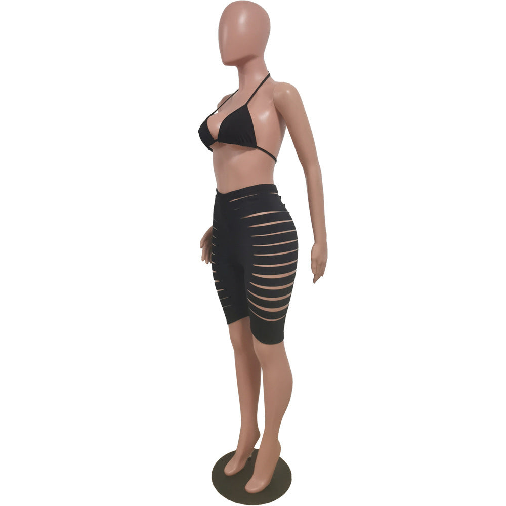 Burnt Flower Hole Swimsuit Vacation Two-piece Set
