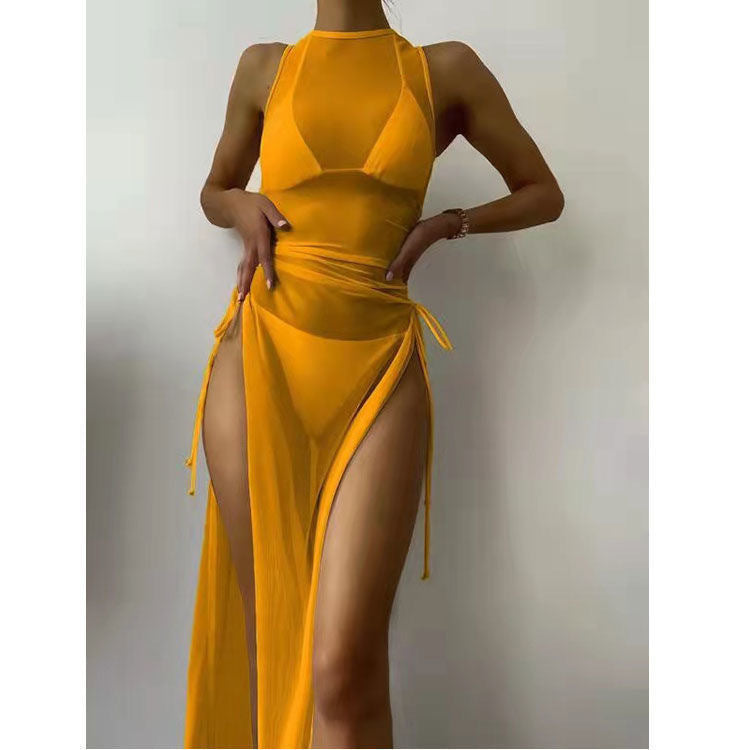 Swimsuit Solid Color Mesh Split Three Piece Set