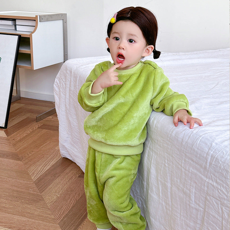 Children's Suit Autumn And Winter Boys And Girls Fleece-lined Thermal Pajamas