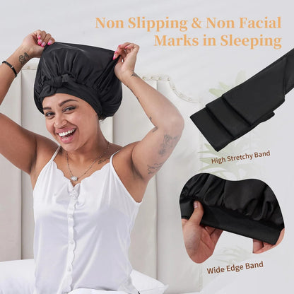 Silk Bonnet For Sleeping Women, Satin Hair Bonnet For Sleeping For Wavy Curly Natural Hair Women Men - Black