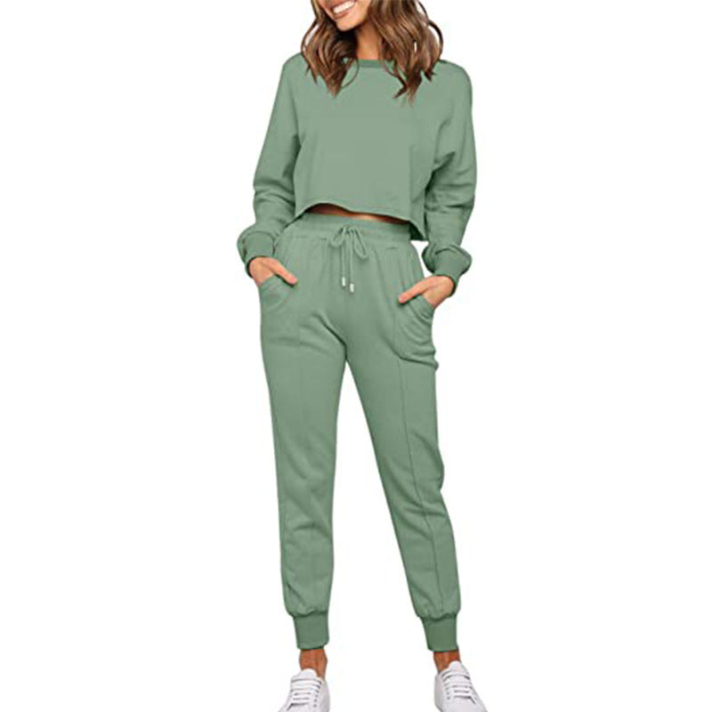 Women's Sports And Leisure Solid Color Long-Sleeve Sweatpants Two-Piece Set