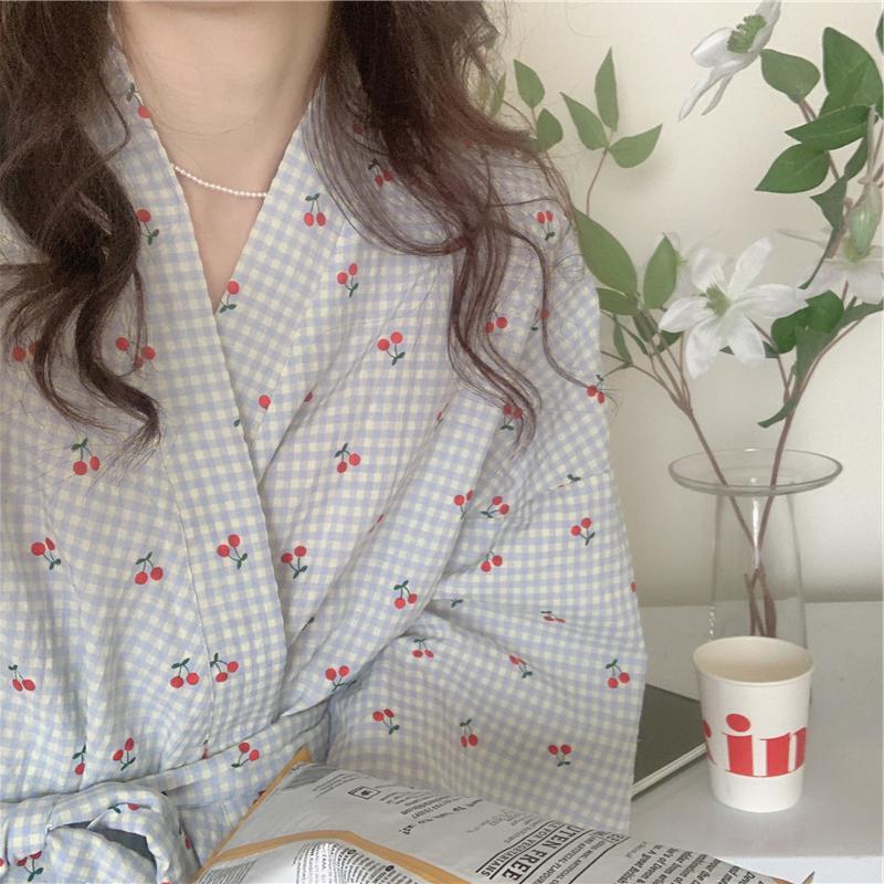 Cherry Plaid Cute Bathrobe Long
