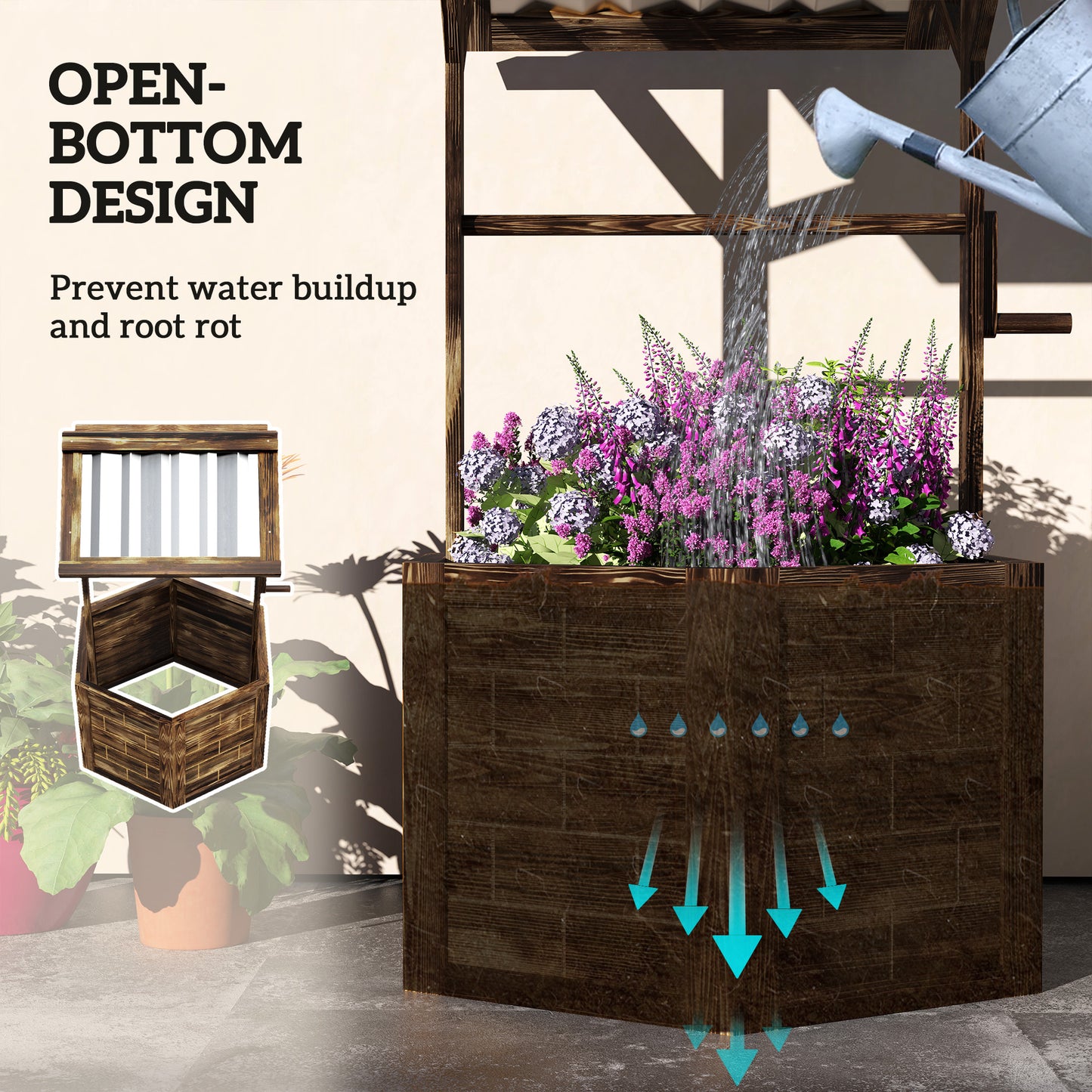 Wooden Wishing Well Planter, Raised Garden Bed with Galvanized Canopy, Hexagon Raised Flower Bed for Garden, Tan