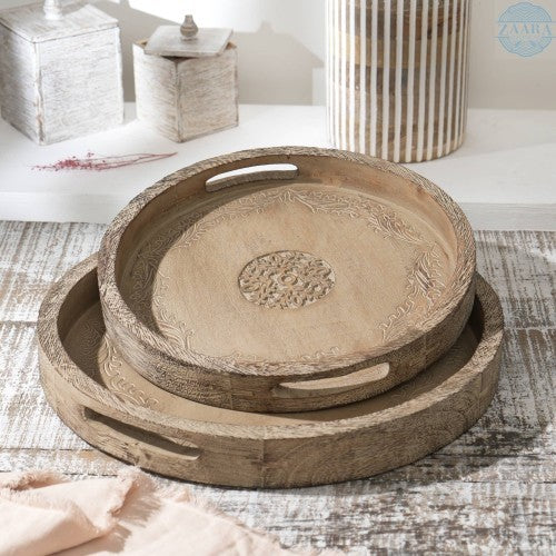Round Mango Wood Serving Tray Rustic Brown Design For Stylish Entertaining
