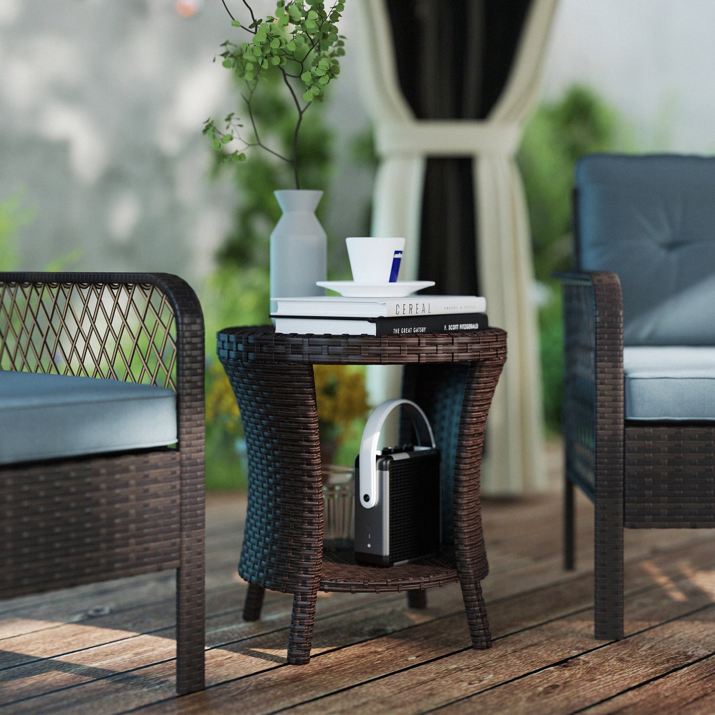 18 Wicker Outdoor Coffee Table, PE Rattan Patio Side Table With 2-Tier Storage, Composite Wood Top, Mixed Brown