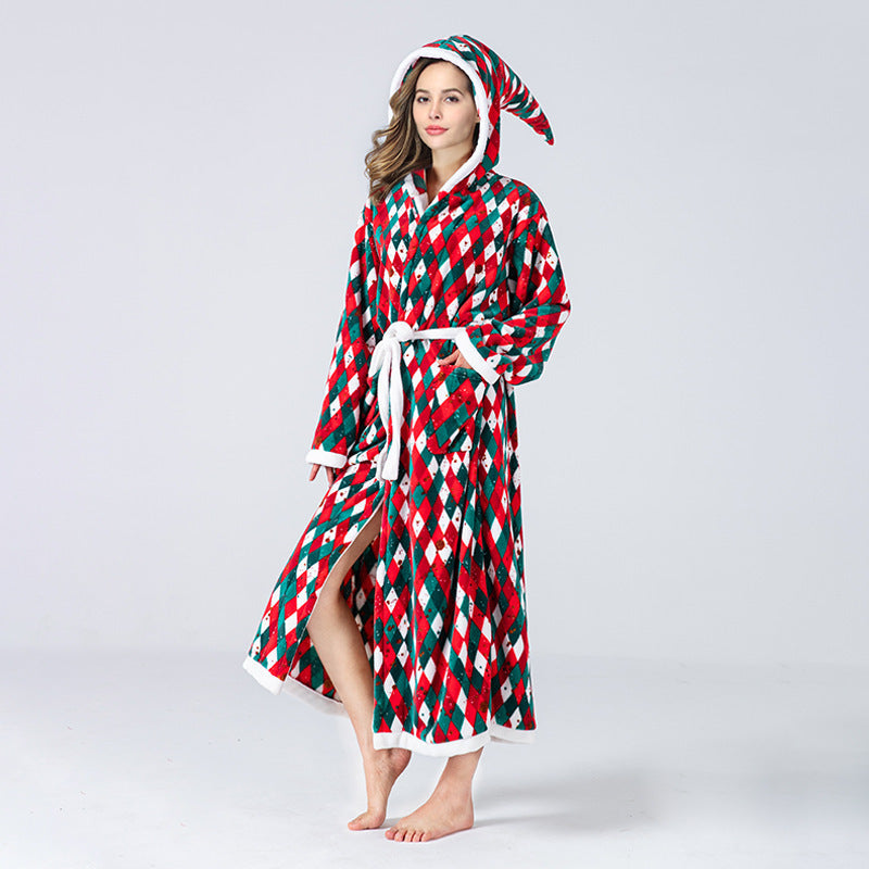 Christmas Plaid Bathrobe Hooded Color Matching