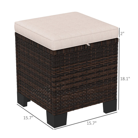 2 Piece Wicker Outdoor Ottomans With Cushions, Rattan Ottoman Footrest And Side Table For Patio, Yard, Poolside, Cream