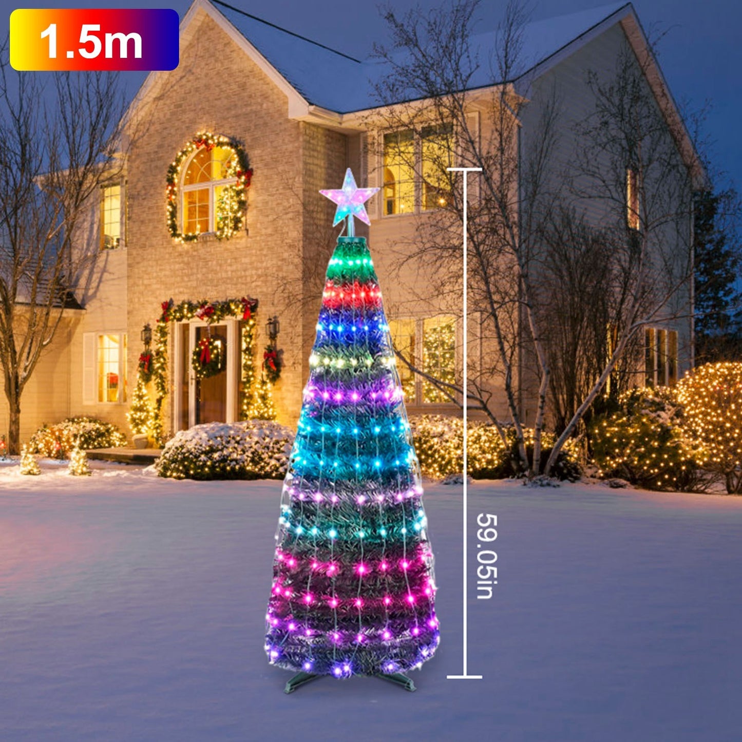 4.9FT S-5.9FT L Options -- 1Pc Collapsible Christmas Tree Light With Remote App Control IP65 Waterproof Customized Multi-Color Mode Timer Setting Work With Alexa Google