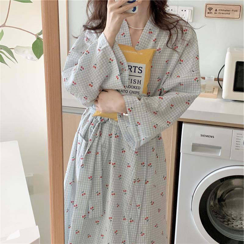 Cherry Plaid Cute Bathrobe Long
