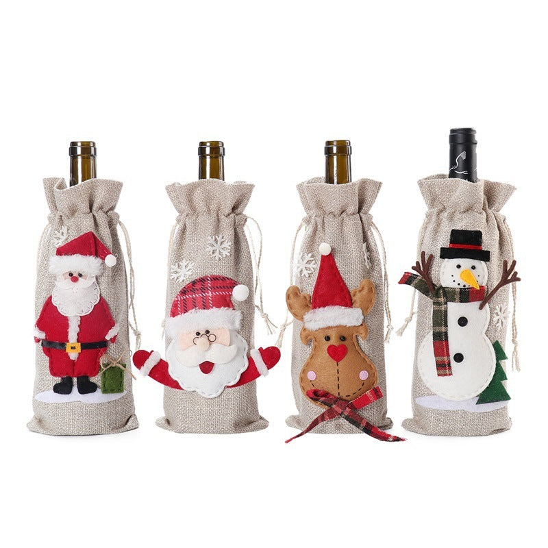 Christmas Holiday Decorations Linen Red Wine Bottle Bag