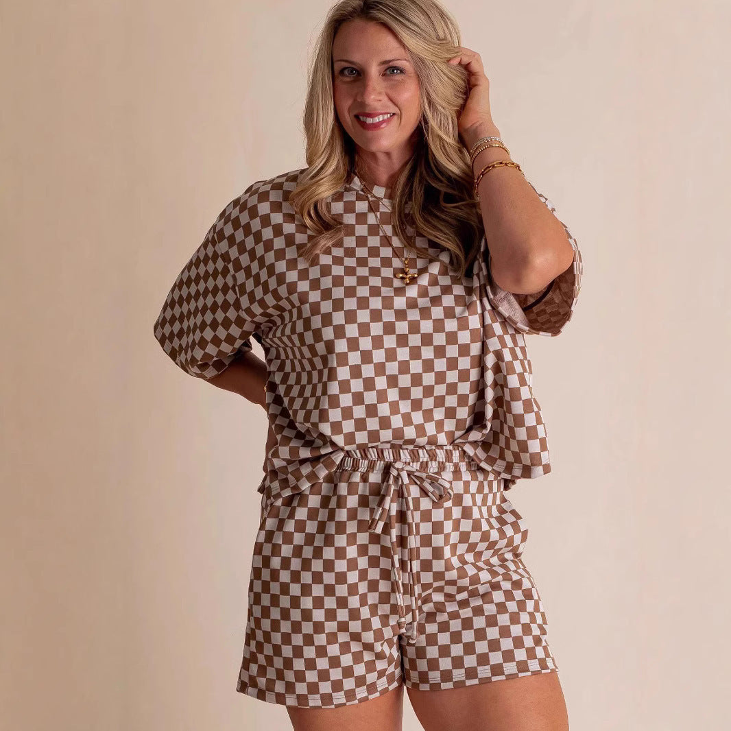 New Comfort Loose Leisure Suit Women's European And American Fashion Plaid Short-sleeved Shirt And Shorts Two-piece Set