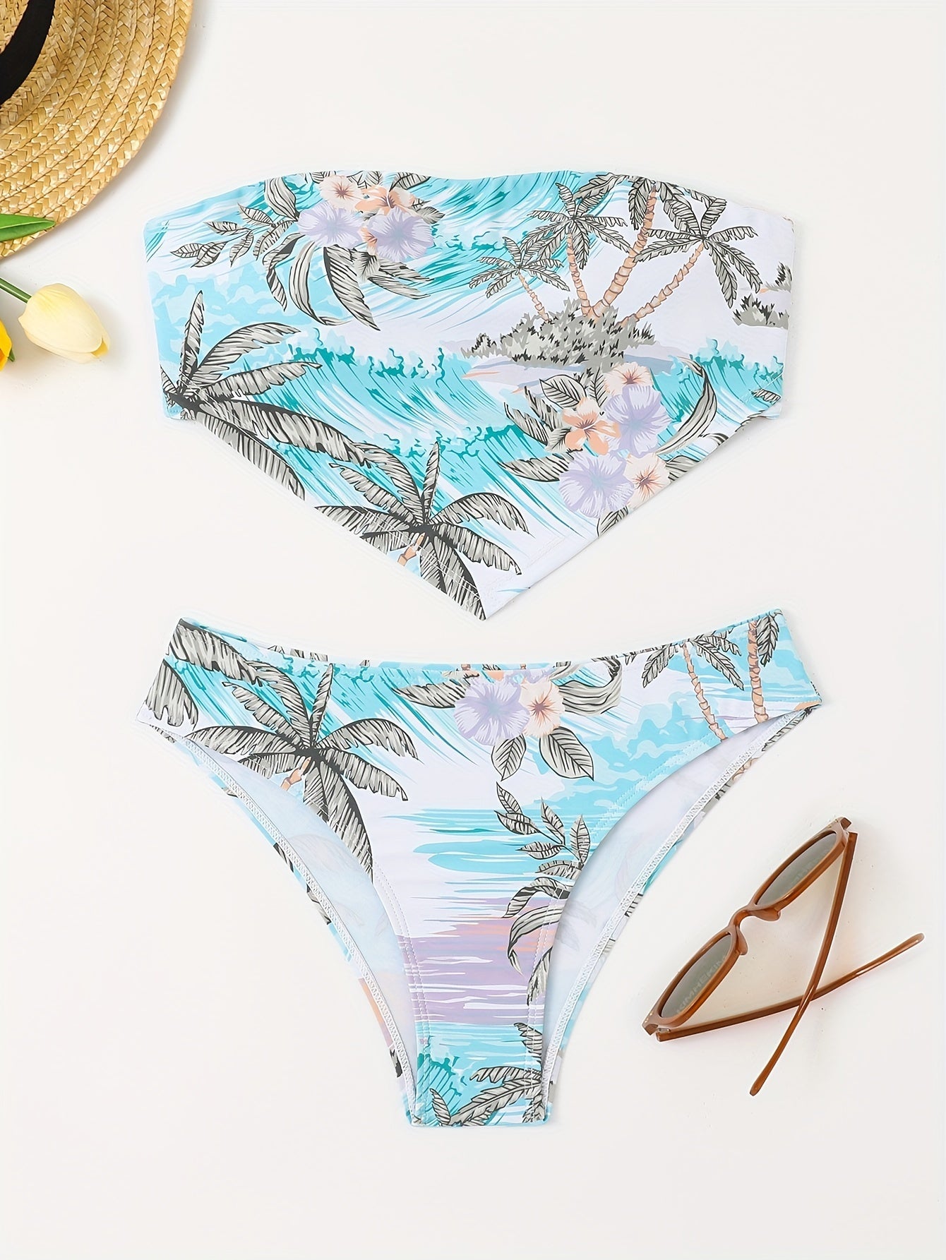 Women's Fashionable Two-piece Bikini Set With Square Scarf And Plunging Top - Beach Style