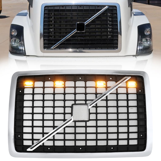For 2004-2017 Volvo VNL Black Chrome Front Grille W, Lights Grill W,BugScreen