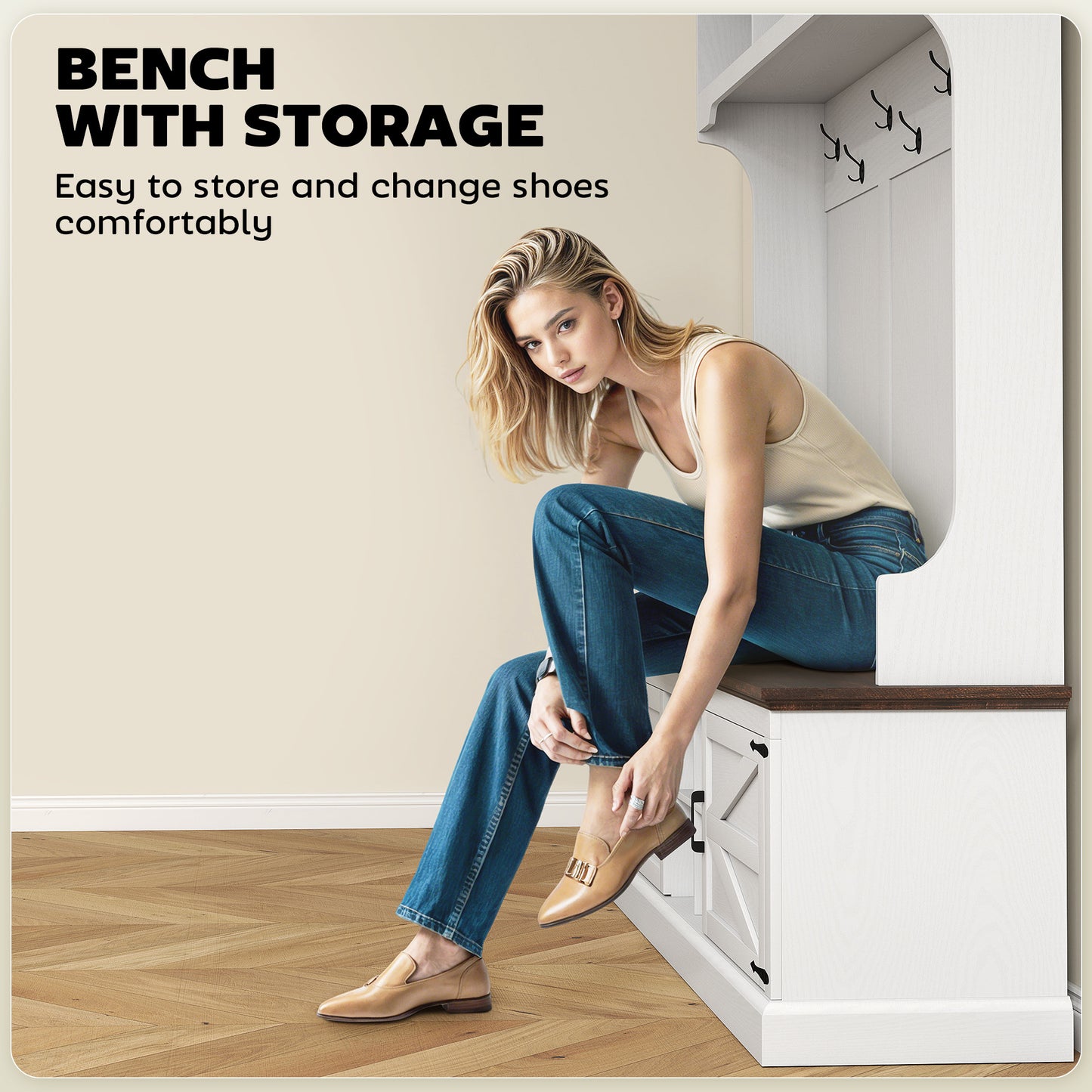 3-in-1 Hall Tree With Shoe Storage, Coat Rack With Bench, Entryway Furniture With Hooks, White Wood Grain