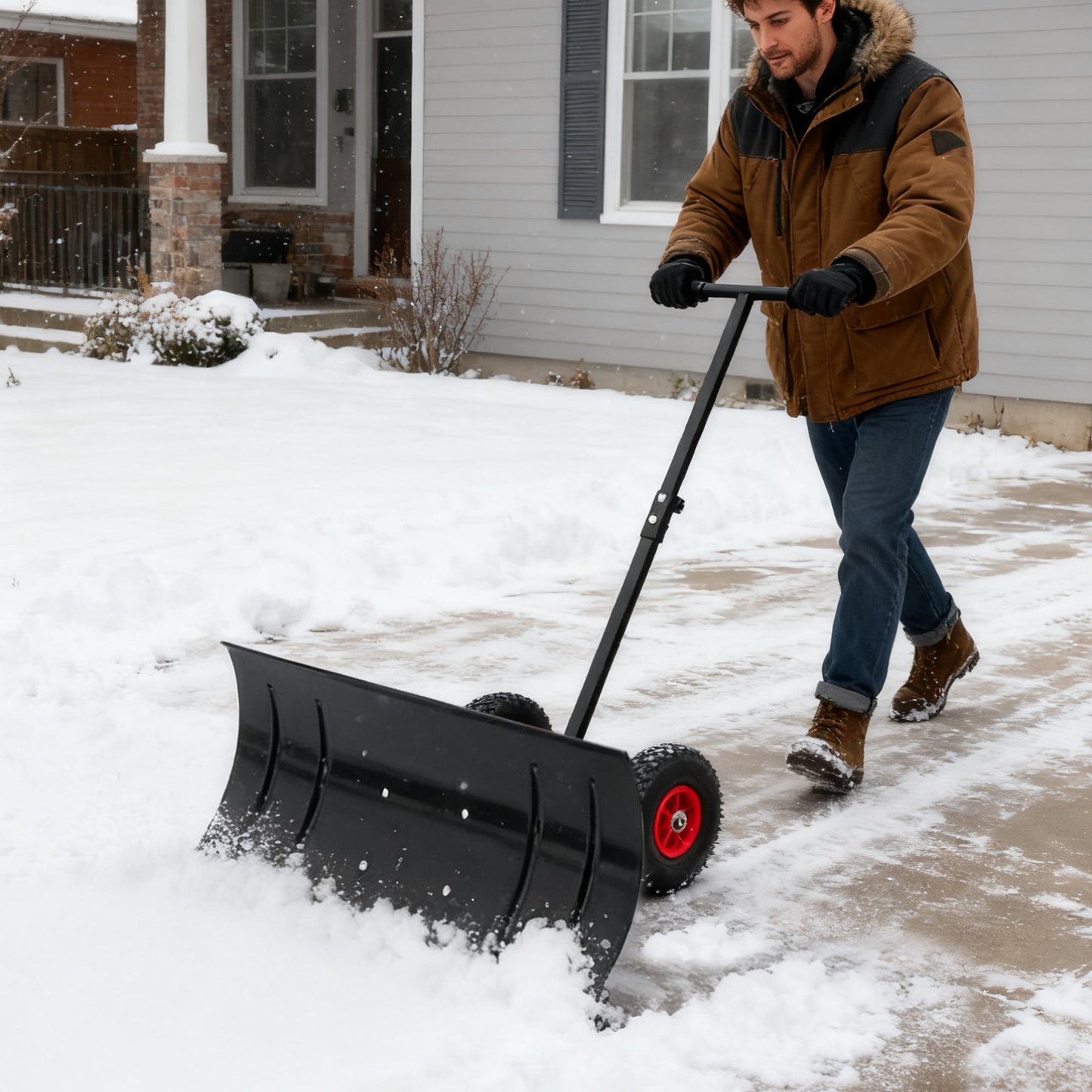 This 30-inch Wide, 15-inch High Metal Snowplow Features Two Wheels, Adjustable Handle Angle And Height For Easy Snow Removal, And An Ergonomic Single-pole Design Suitable For Driveways And Sidewalks.