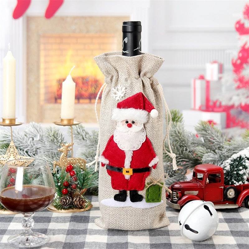 Christmas Holiday Decorations Linen Red Wine Bottle Bag