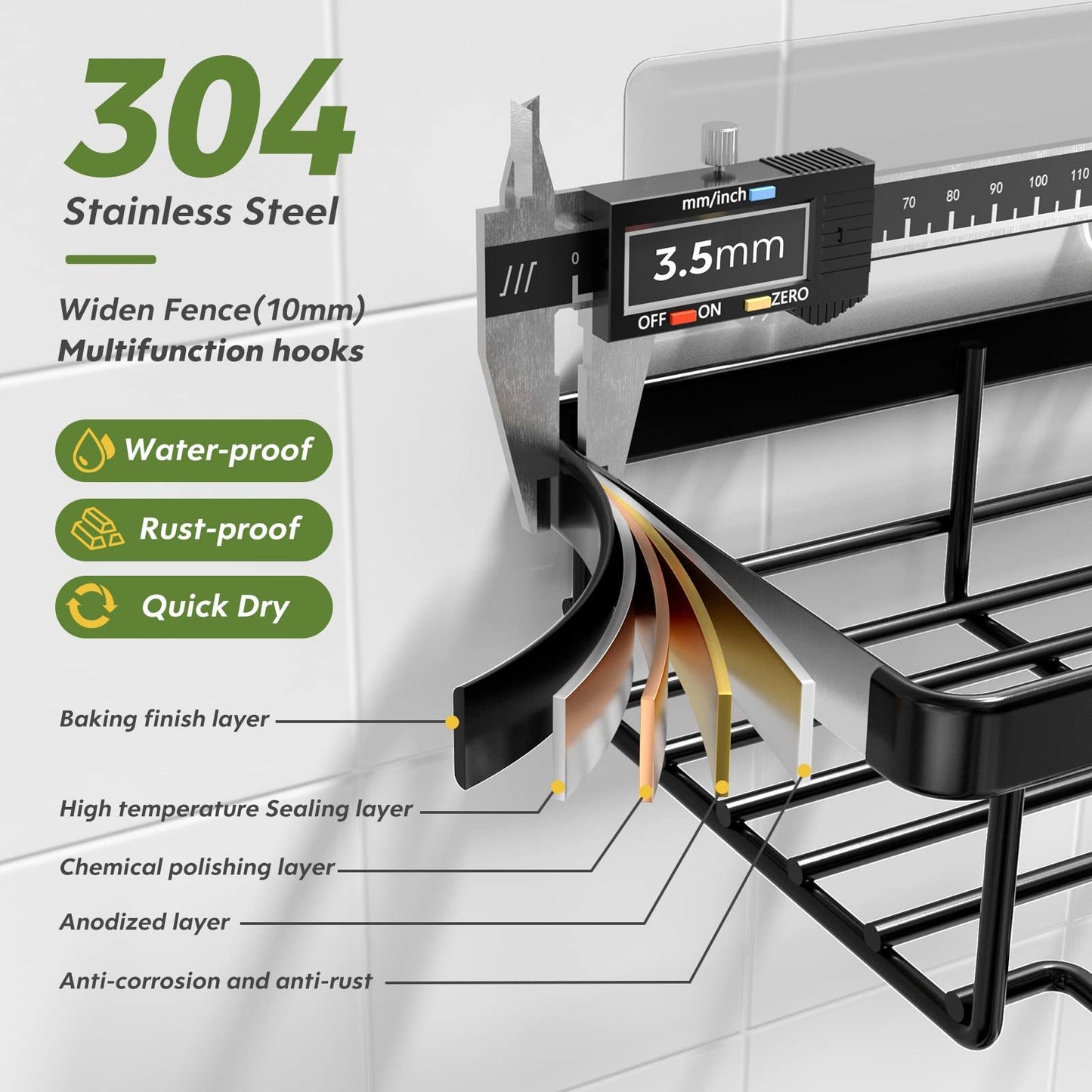 Heavy-duty Wall-mounted Shower Shelf Storage Accessories, Including Soap Dish And Toothbrush Holder, Suitable For Bathroom, Home And Kitchen, Black