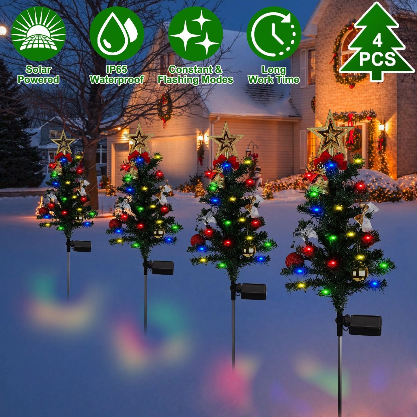 4Packs Solar Christmas Tree Lights Xmas Garden Decorations Tree Stake Lamp 20LEDs Solar Decor Light With Constant And Flashing Mode For Pathway Yard Patio Landscape