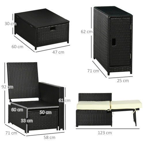 Outsunny 5PC PE Rattan Sun Lounger, Outdoor Wicker 5-level Adjustable Recliner Sofa Bed With Storage Side Table And Footstools, For Patio, Garden, Poolside, Black