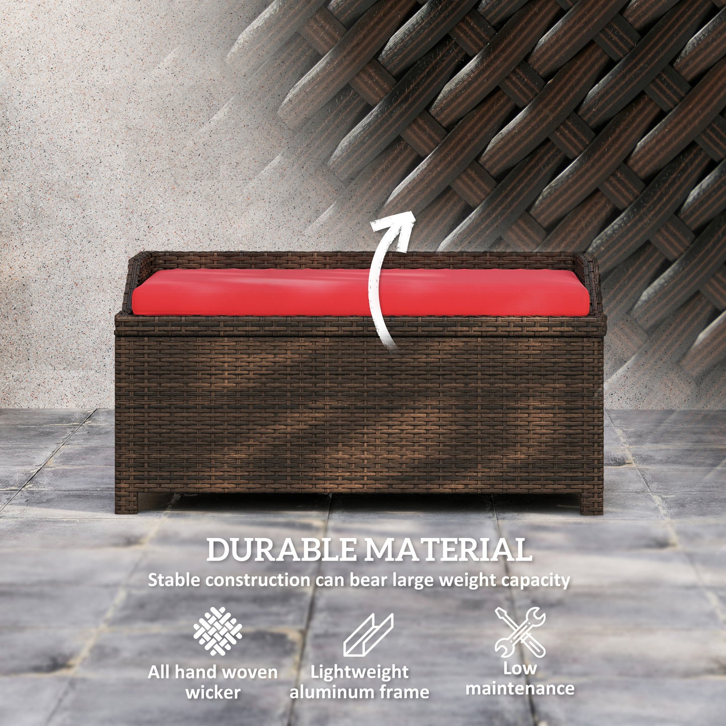 Outdoor Wicker Storage Bench With Storage & Cushion, Red