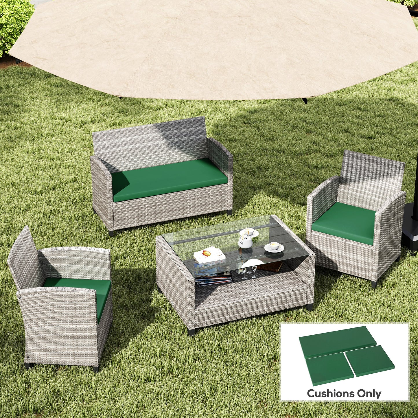 Outdoor Seat Cushion Pads For Rattan Furniture, 3 PCs Garden Furniture Cushions, Green