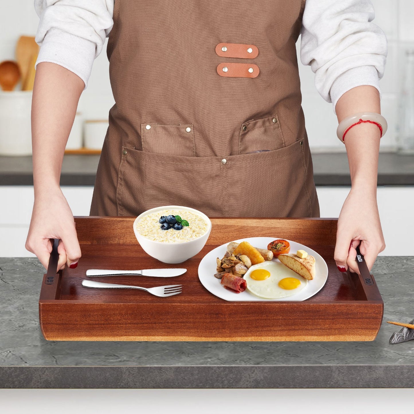 Serving Tray 17x12.2 Inch Acacia Food Serving Table Laptop Desk With Handles