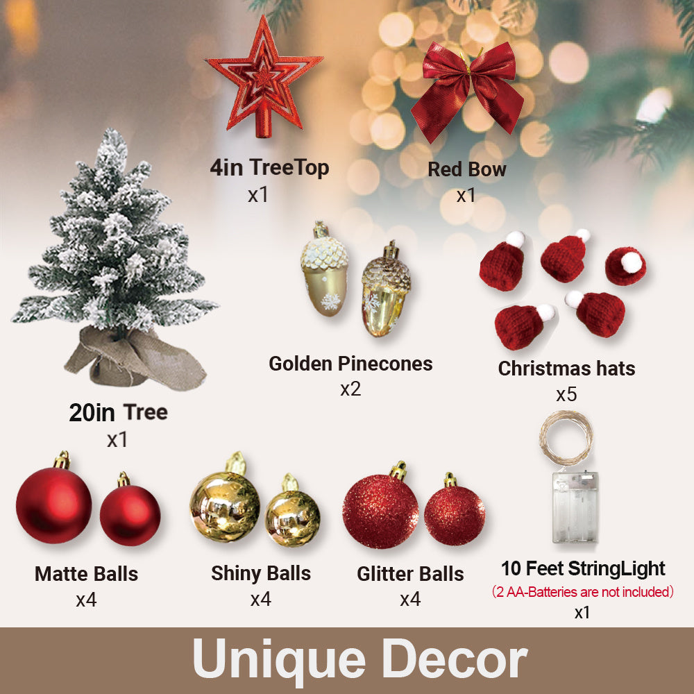 22in Tabletop Artificial Mini Red Christmas Tree With Light With Flocked Snow