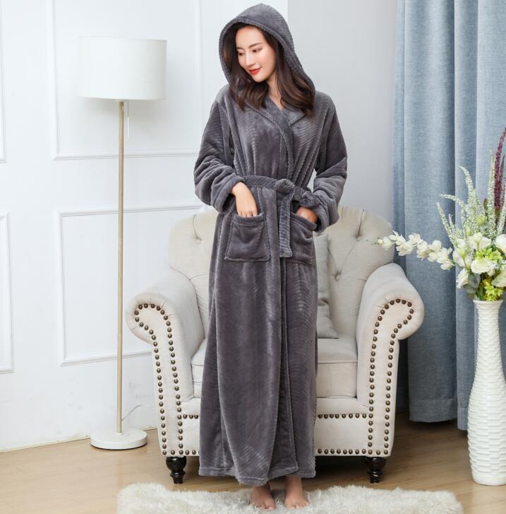 Solid Color Extended Hooded Flannel Bathrobe