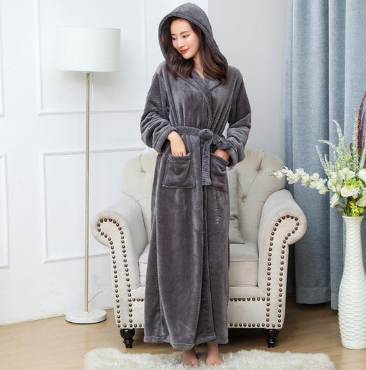 Solid Color Extended Hooded Flannel Bathrobe