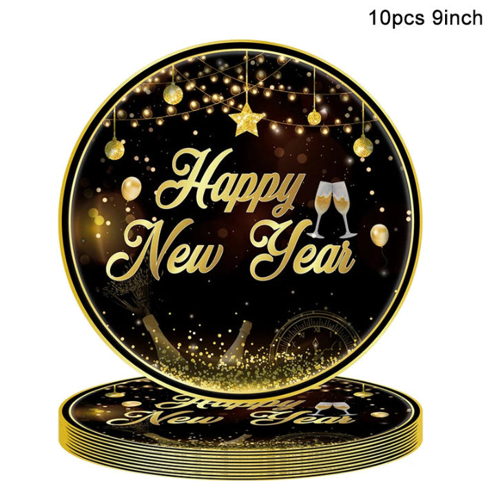 New Year Birthday Party Supplies Decoration Disposable Tableware Hanging Flag Cup Straw Tablecloth