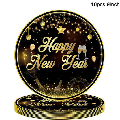 New Year Birthday Party Supplies Decoration Disposable Tableware Hanging Flag Cup Straw Tablecloth