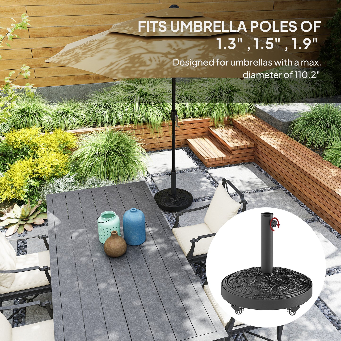 Round Patio Umbrella Base, 46 lbs Resin Umbrella Base with Wheels, Outdoor Umbrella Stand for 1.3"/1.5"/1.9" Umbrella Poles for Outdoor, Lawn, Poolside, Black