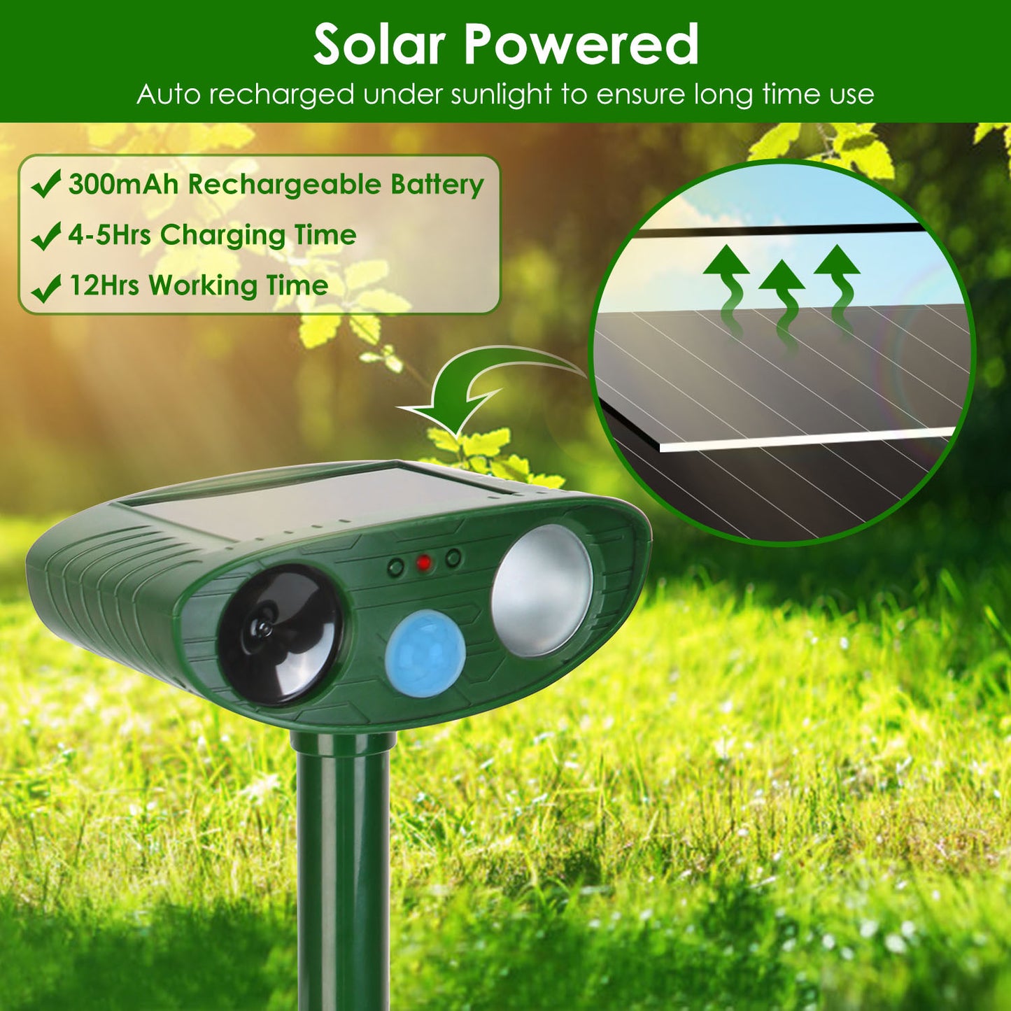 1Pc Solar Ultrasonic Animal Repeller PIR Sensor Animal Repellent Chaser With Flashing Light IPX4 Waterproof For Chasing Deer Raccoon Squirrel Rat Skunk Rabbit Mole Dog Cat Snake