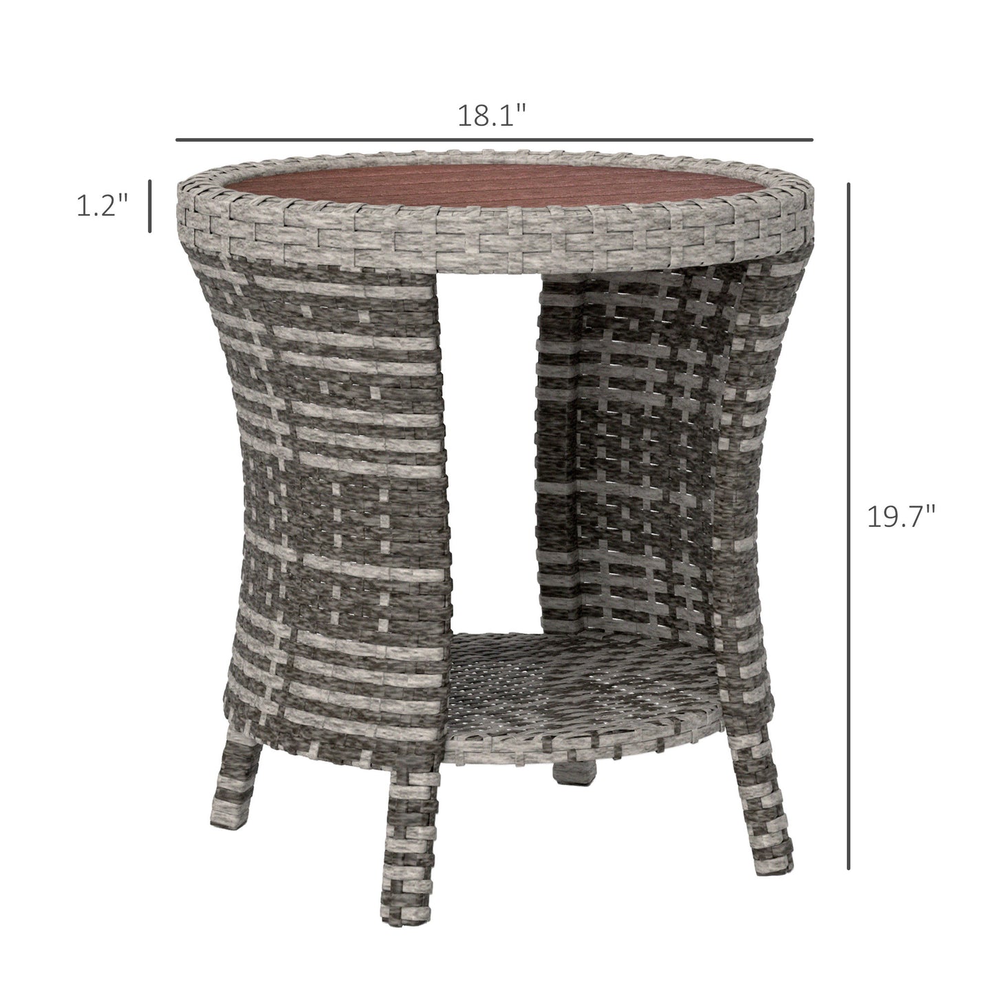 18 Wicker Outdoor Coffee Table, PE Rattan Patio Side Table With 2-Tier Storage, Composite Wood Top, Mixed Gray